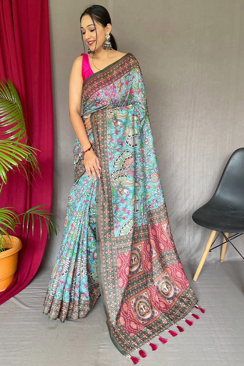 Load image into Gallery viewer, Innovative Sky Kalamkari Printed Saree With Preferable Blouse Piece
