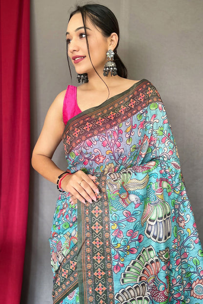 Innovative Sky Kalamkari Printed Saree With Preferable Blouse Piece