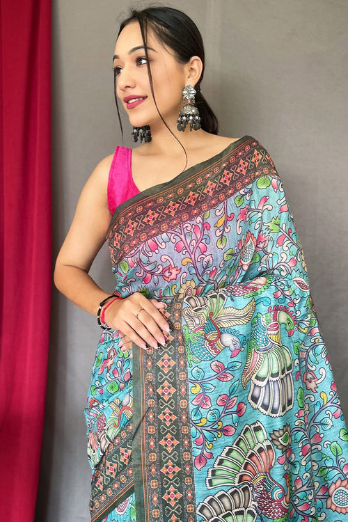 Load image into Gallery viewer, Innovative Sky Kalamkari Printed Saree With Preferable Blouse Piece
