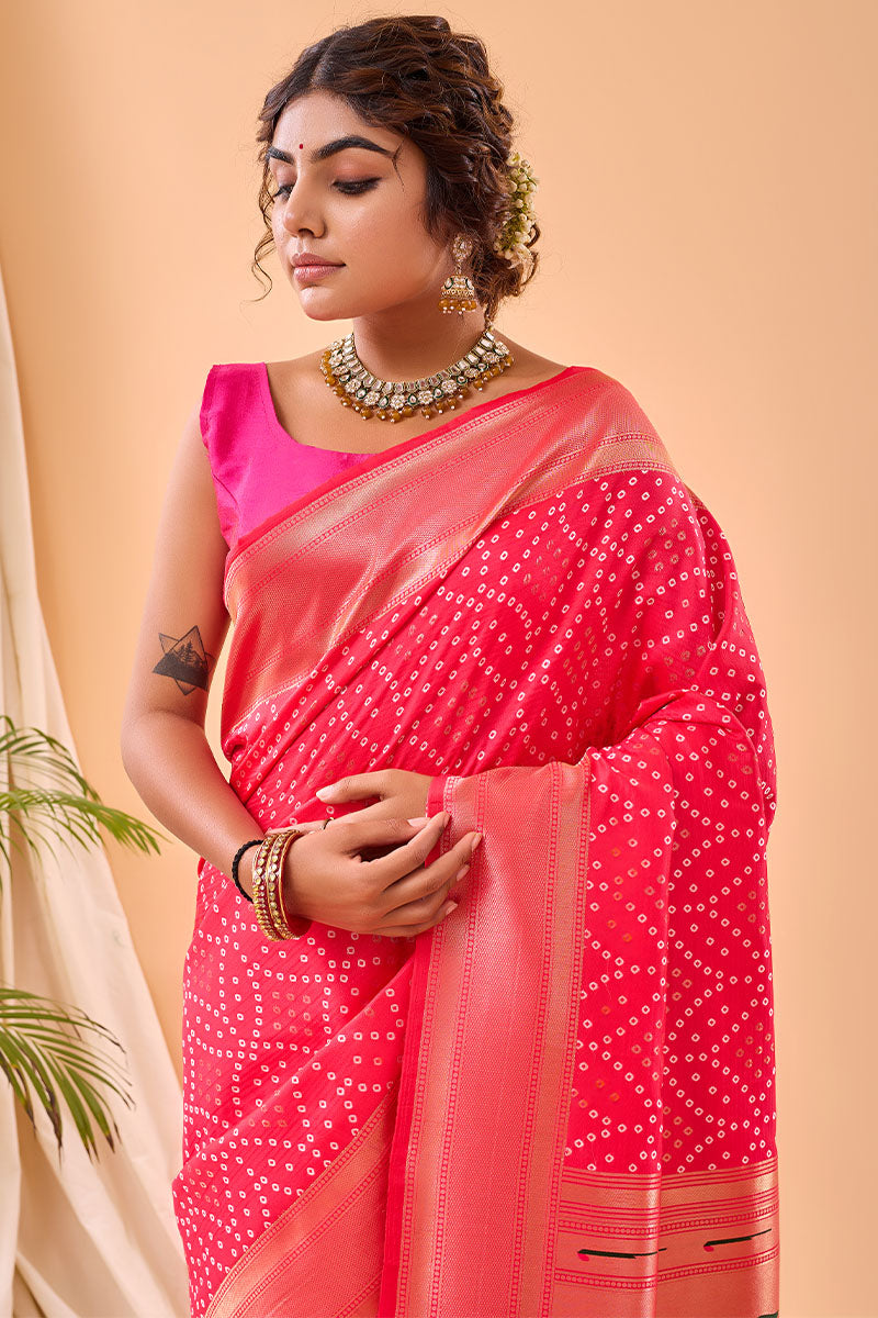 Resplendent Dark Pink Paithani Silk Saree With Innovative Blouse Piece