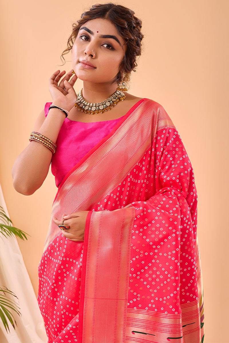 Resplendent Dark Pink Paithani Silk Saree With Innovative Blouse Piece