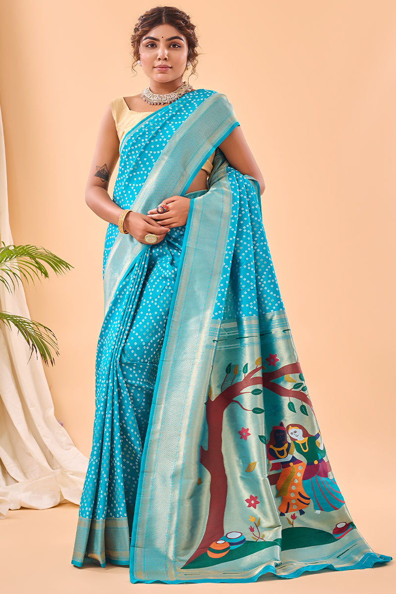 Exquisite Firozi Paithani Silk Saree With Precious Blouse Piece