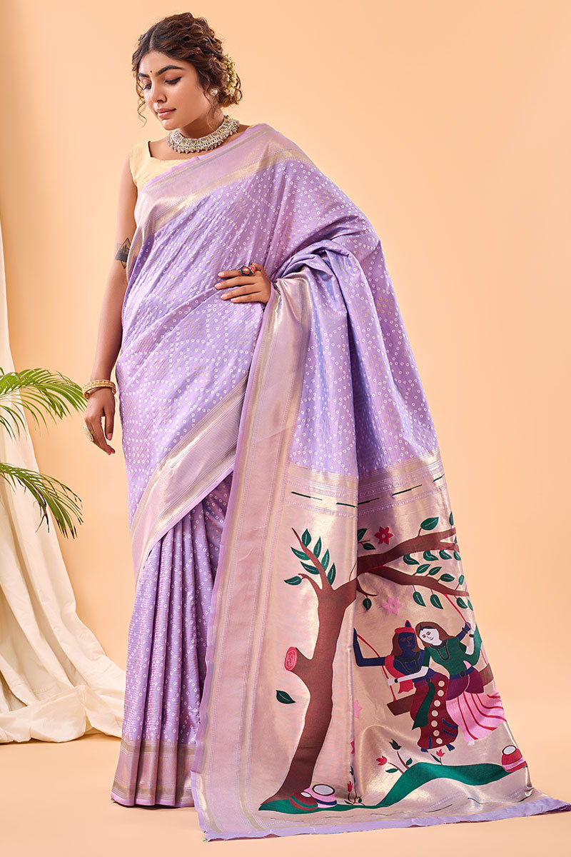 Jubilant Lavender Paithani Silk Saree With Gorgeous Blouse Piece