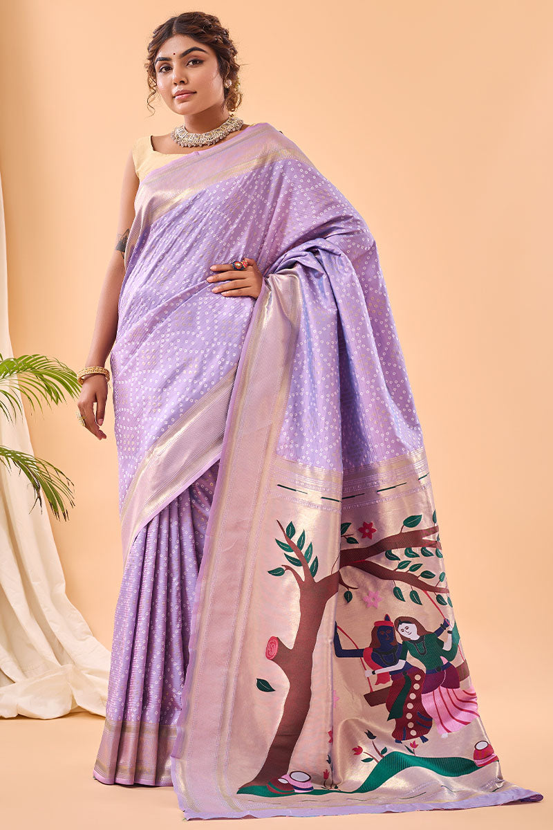 Jubilant Lavender Paithani Silk Saree With Gorgeous Blouse Piece