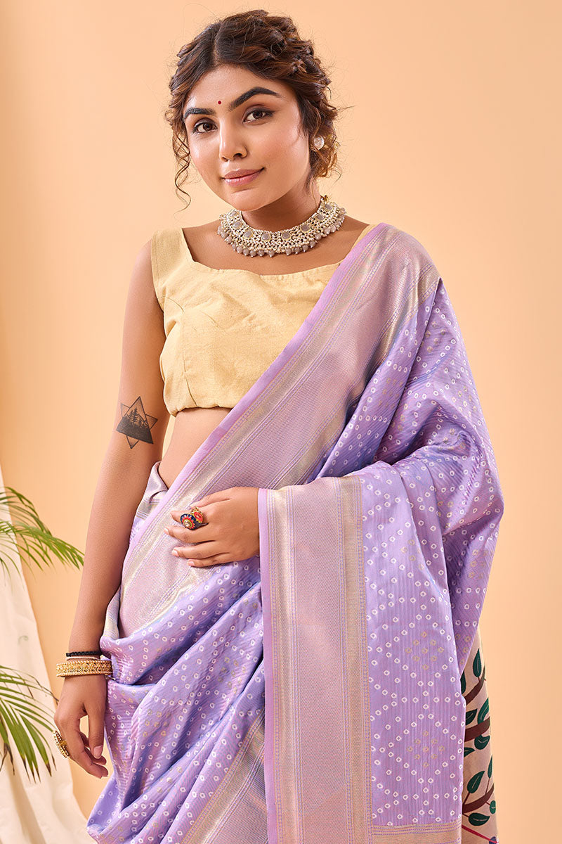 Jubilant Lavender Paithani Silk Saree With Gorgeous Blouse Piece