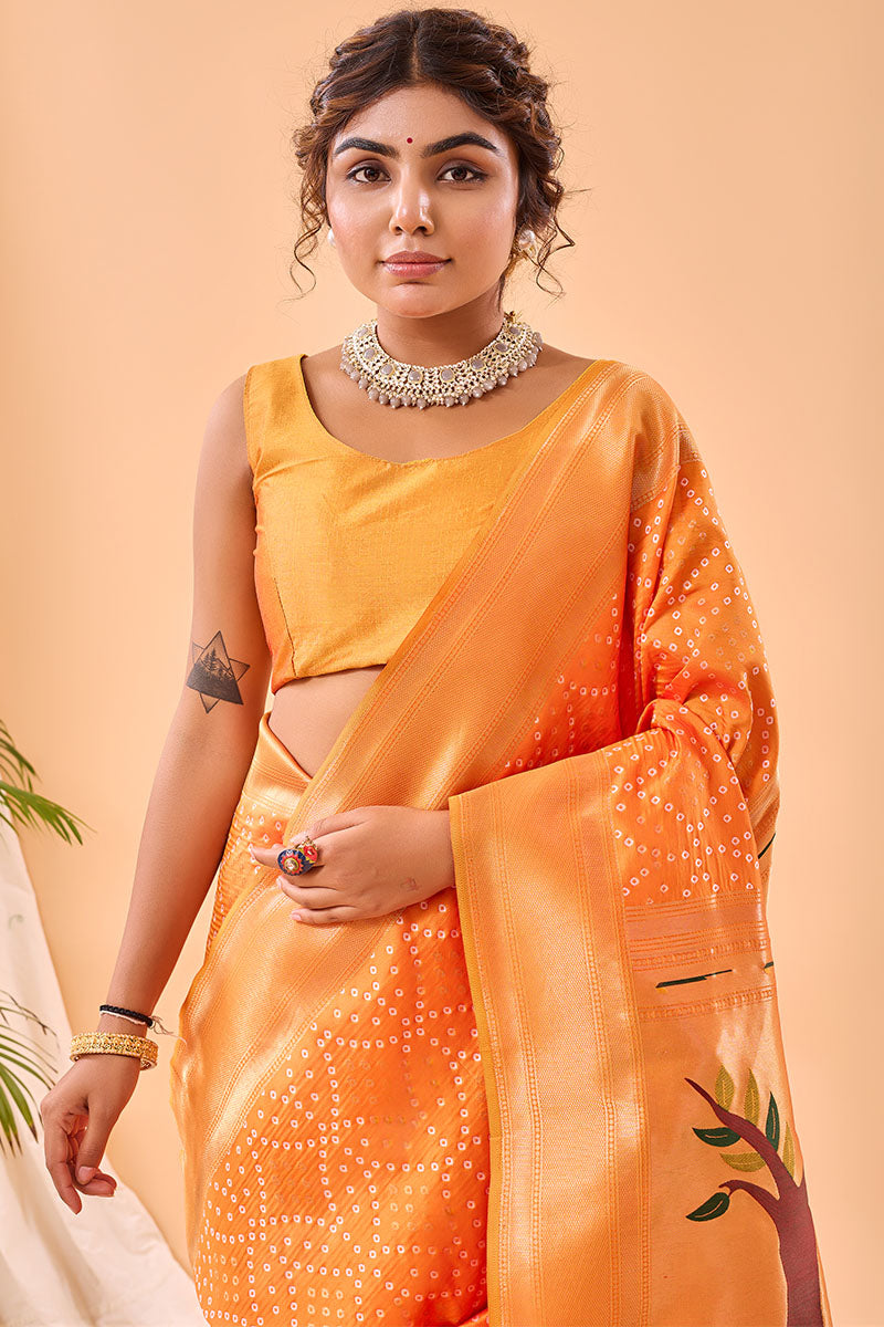 Winsome Orange Paithani Silk Saree With Staring Blouse Piece