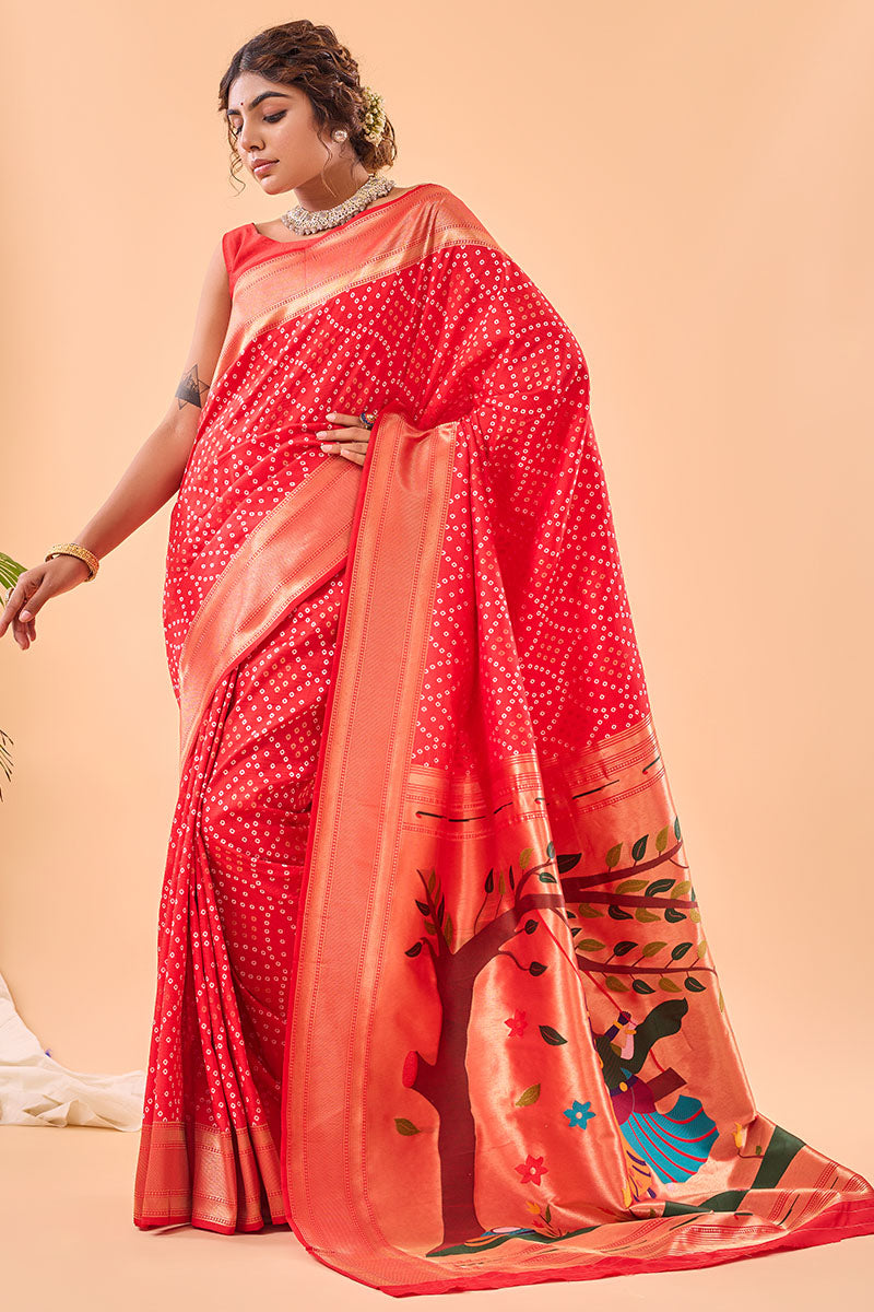 Alluring Red Paithani Silk Saree With Prettiest Blouse Piece