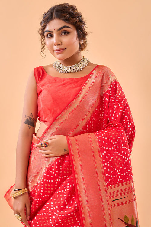 Load image into Gallery viewer, Alluring Red Paithani Silk Saree With Prettiest Blouse Piece
