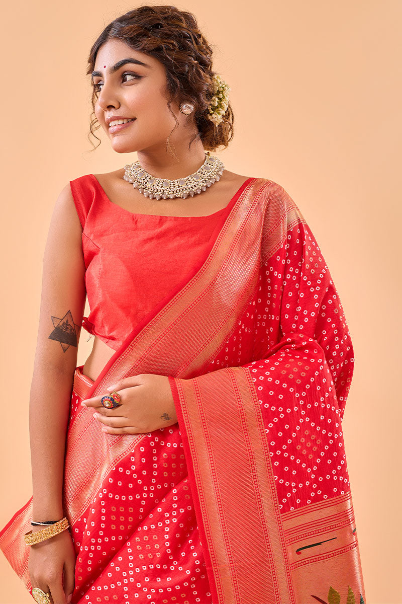 Alluring Red Paithani Silk Saree With Prettiest Blouse Piece