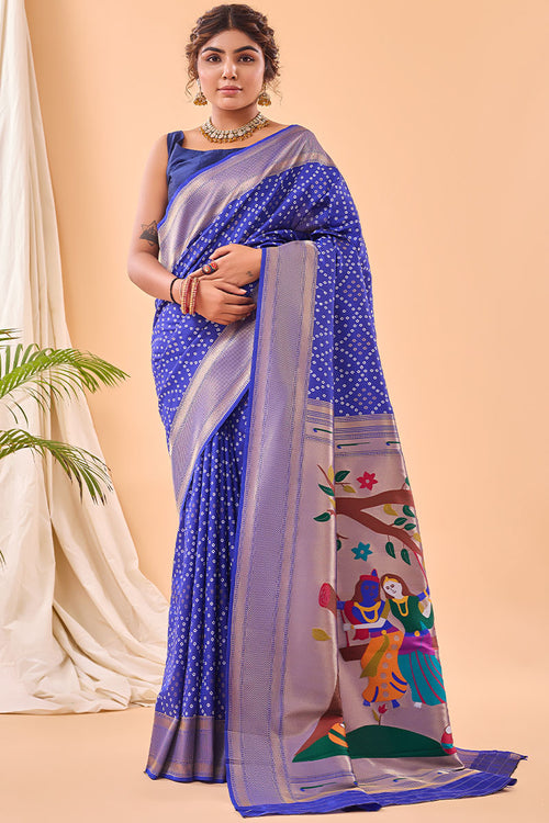 Load image into Gallery viewer, Lustrous Royal Blue Paithani Silk Saree With Traditional Blouse Piece
