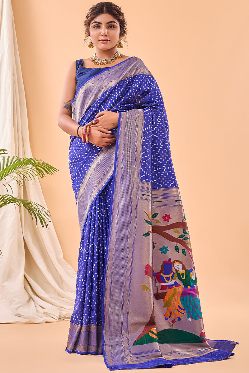 Lustrous Royal Blue Paithani Silk Saree With Traditional Blouse Piece