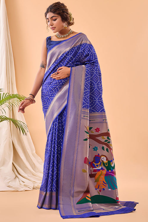 Load image into Gallery viewer, Lustrous Royal Blue Paithani Silk Saree With Traditional Blouse Piece
