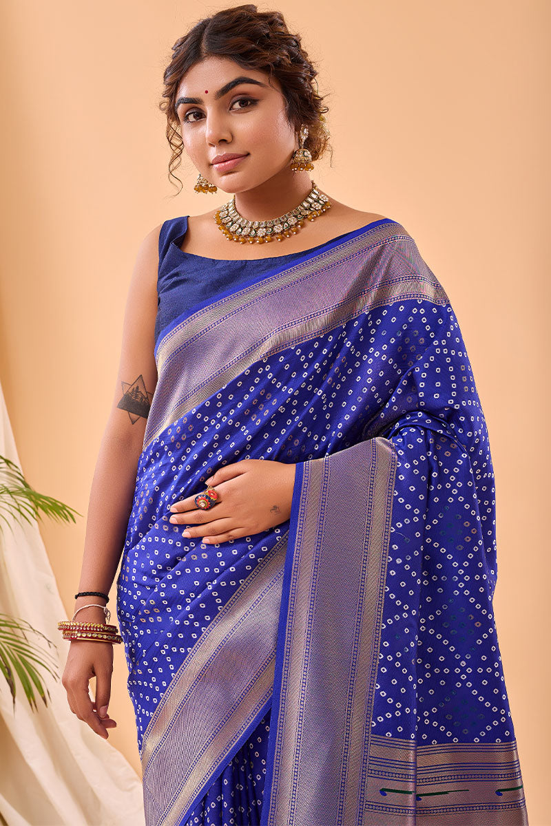 Lustrous Royal Blue Paithani Silk Saree With Traditional Blouse Piece