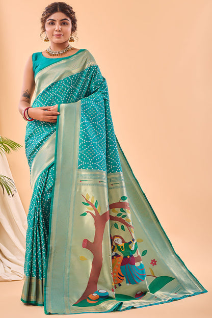 Ephemeral Turquoise Paithani Silk Saree With Demure Blouse Piece