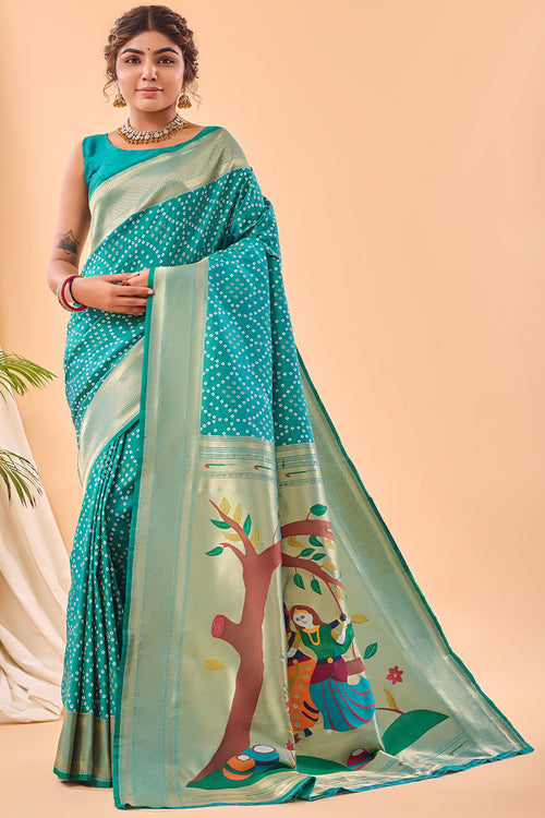 Load image into Gallery viewer, Ephemeral Turquoise Paithani Silk Saree With Demure Blouse Piece
