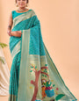 Ephemeral Turquoise Paithani Silk Saree With Demure Blouse Piece