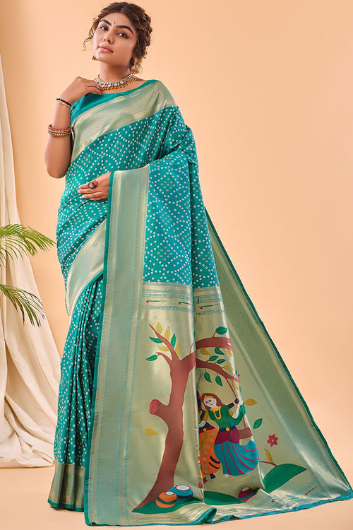 Load image into Gallery viewer, Ephemeral Turquoise Paithani Silk Saree With Demure Blouse Piece
