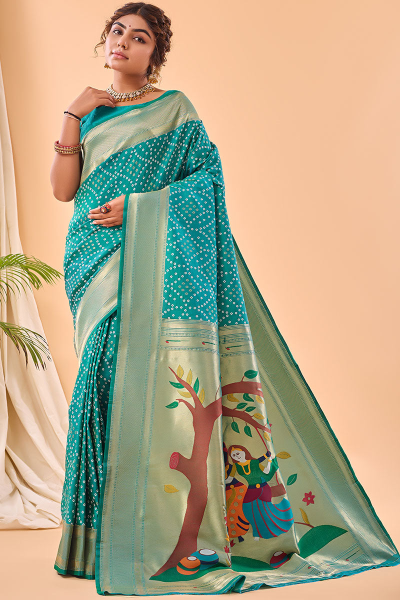 Ephemeral Turquoise Paithani Silk Saree With Demure Blouse Piece