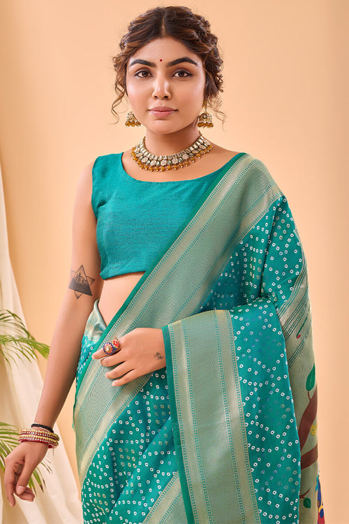 Load image into Gallery viewer, Ephemeral Turquoise Paithani Silk Saree With Demure Blouse Piece
