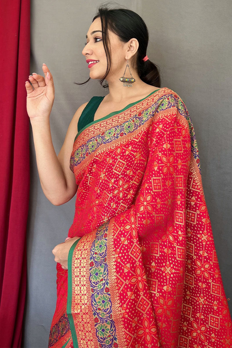 Captivating Red Paithani Silk Saree With Brood Blouse Piece