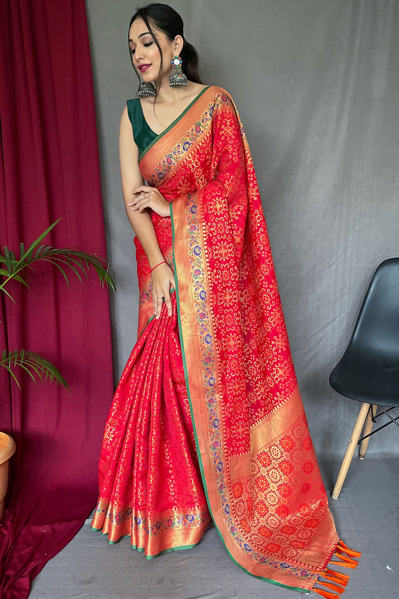 Nemesis Red Paithani Silk Saree With Embrocation Blouse Piece