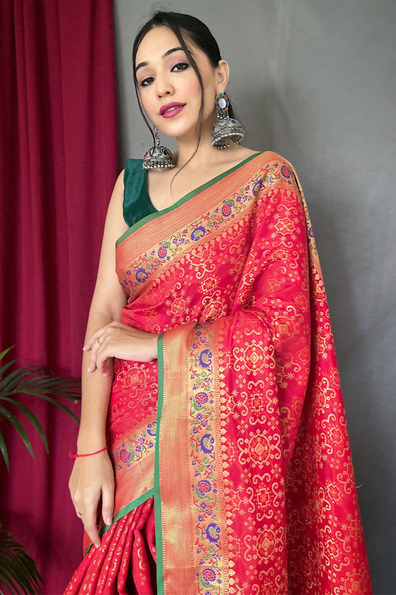 Nemesis Red Paithani Silk Saree With Embrocation Blouse Piece