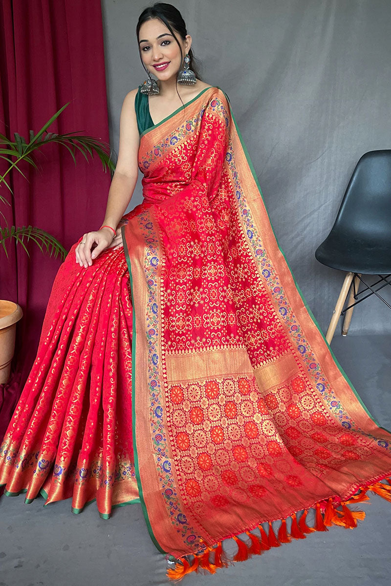 Nemesis Red Paithani Silk Saree With Embrocation Blouse Piece