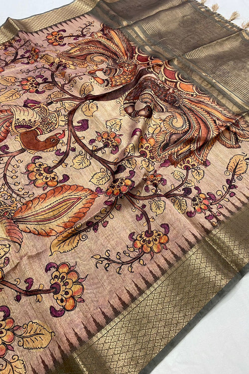 Load image into Gallery viewer, Groovy Brown Kalamkari Printed Saree With Girlish Blouse Piece
