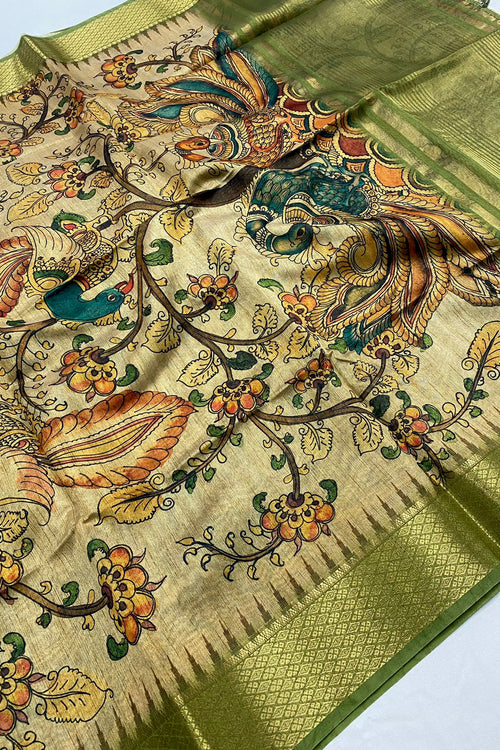 Load image into Gallery viewer, Precious Green Kalamkari Printed Saree With Innovative Blouse Piece
