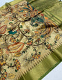 Precious Green Kalamkari Printed Saree With Innovative Blouse Piece