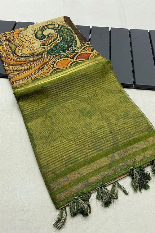 Load image into Gallery viewer, Precious Green Kalamkari Printed Saree With Innovative Blouse Piece
