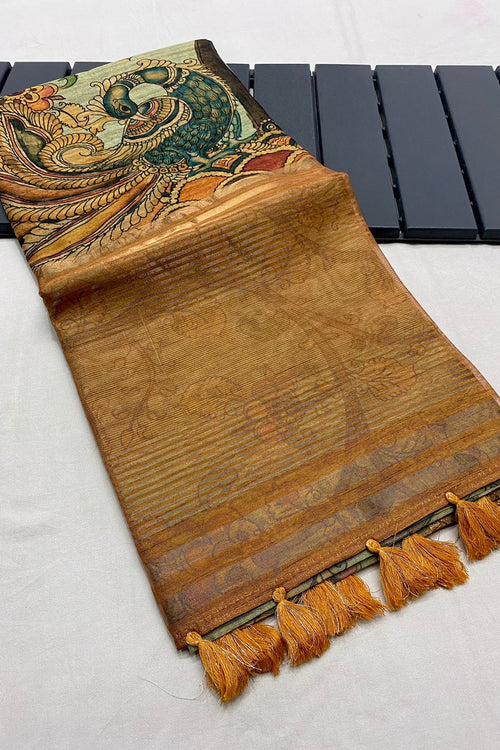 Load image into Gallery viewer, Hypnotic Mustard Kalamkari Printed Saree With Divine Blouse Piece
