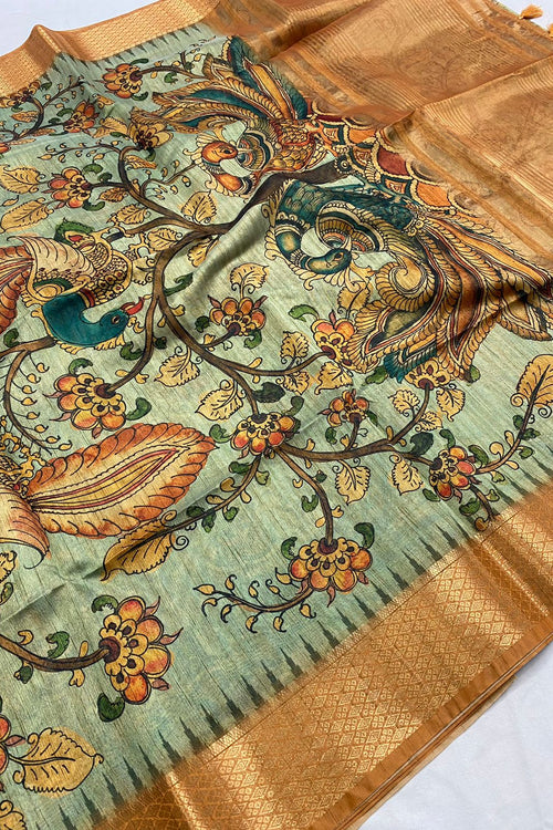 Load image into Gallery viewer, Hypnotic Mustard Kalamkari Printed Saree With Divine Blouse Piece
