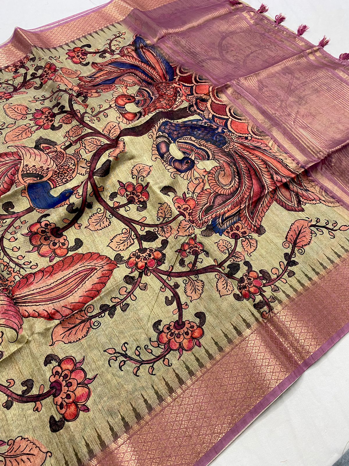 Inspiring Wine Kalamkari Printed Saree With Arresting Blouse Piece