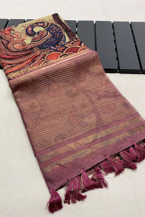 Load image into Gallery viewer, Inspiring Wine Kalamkari Printed Saree With Arresting Blouse Piece
