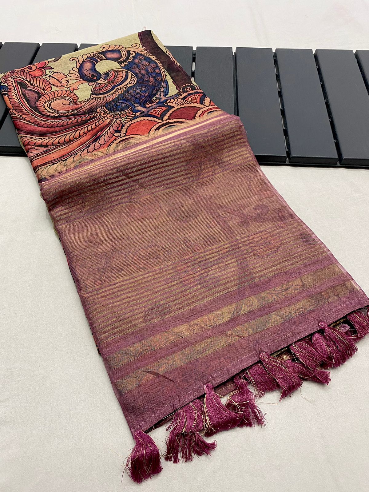 Inspiring Wine Kalamkari Printed Saree With Arresting Blouse Piece