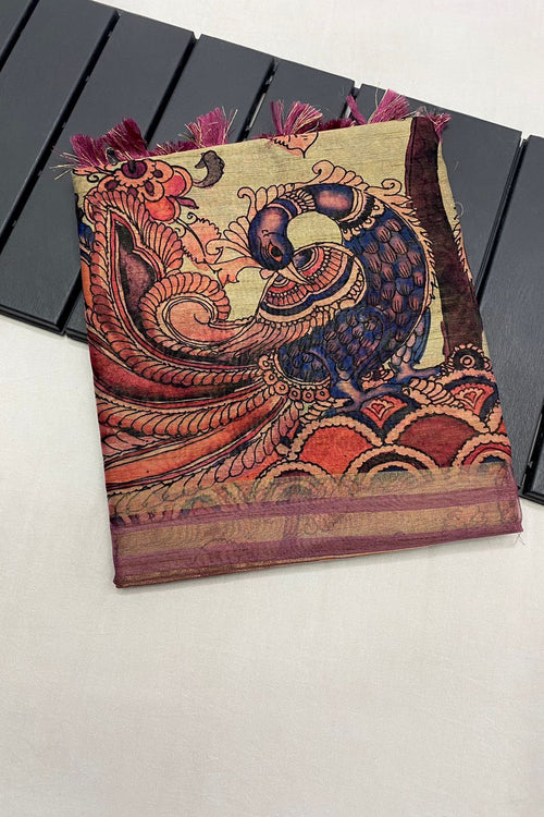 Load image into Gallery viewer, Inspiring Wine Kalamkari Printed Saree With Arresting Blouse Piece
