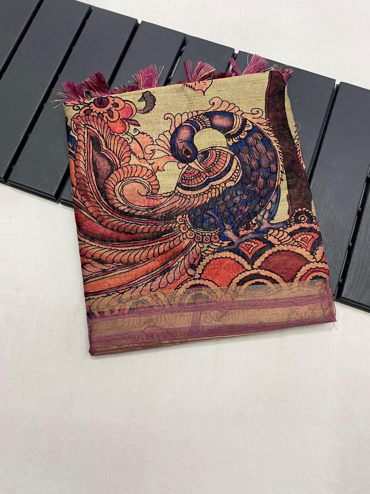 Inspiring Wine Kalamkari Printed Saree With Arresting Blouse Piece