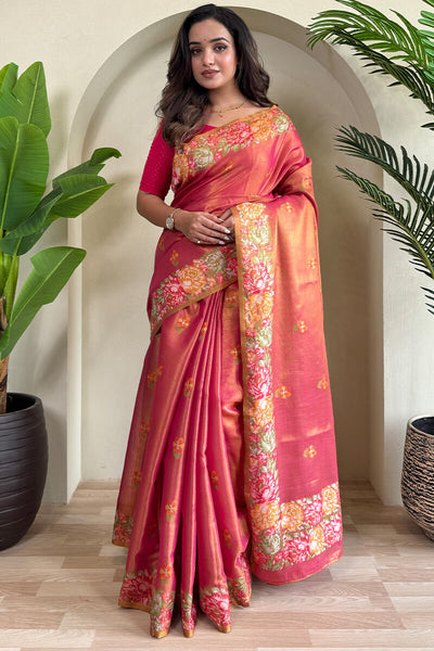 Dissemble Red Embroidery Work Tussar Silk Saree With Lissome Blouse Piece