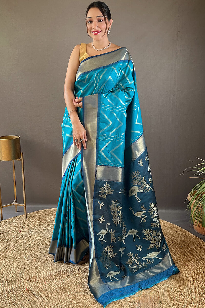 Stunning Firozi Soft Banarasi Silk Saree With Piquant Blouse Piece