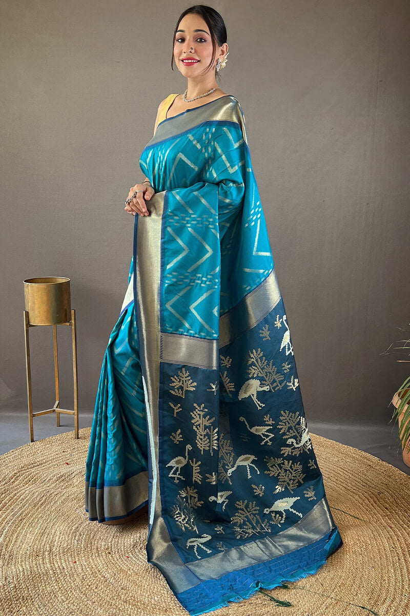 Stunning Firozi Soft Banarasi Silk Saree With Piquant Blouse Piece