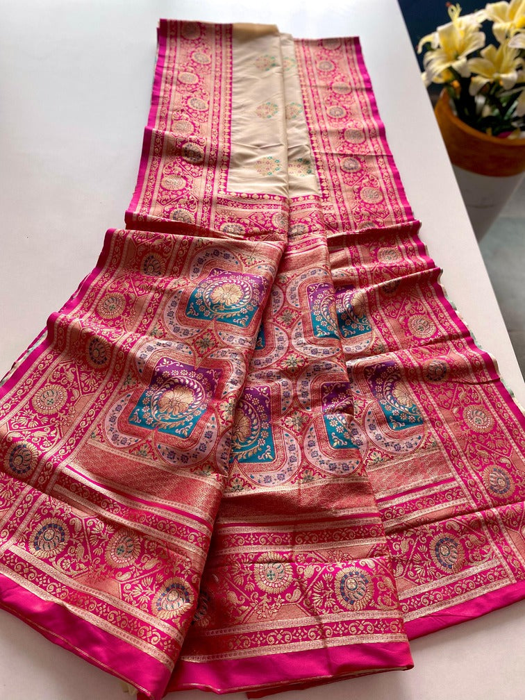 Trendy Beige Soft Banarasi Silk Saree With Extraordinary Blouse Piece