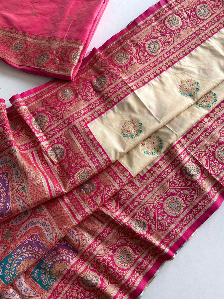 Trendy Beige Soft Banarasi Silk Saree With Extraordinary Blouse Piece