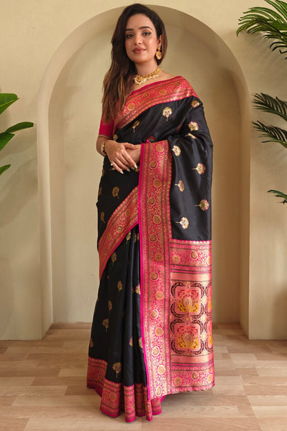 Sophisticated Black Soft Banarasi Silk Saree With Flaunt Blouse Piece