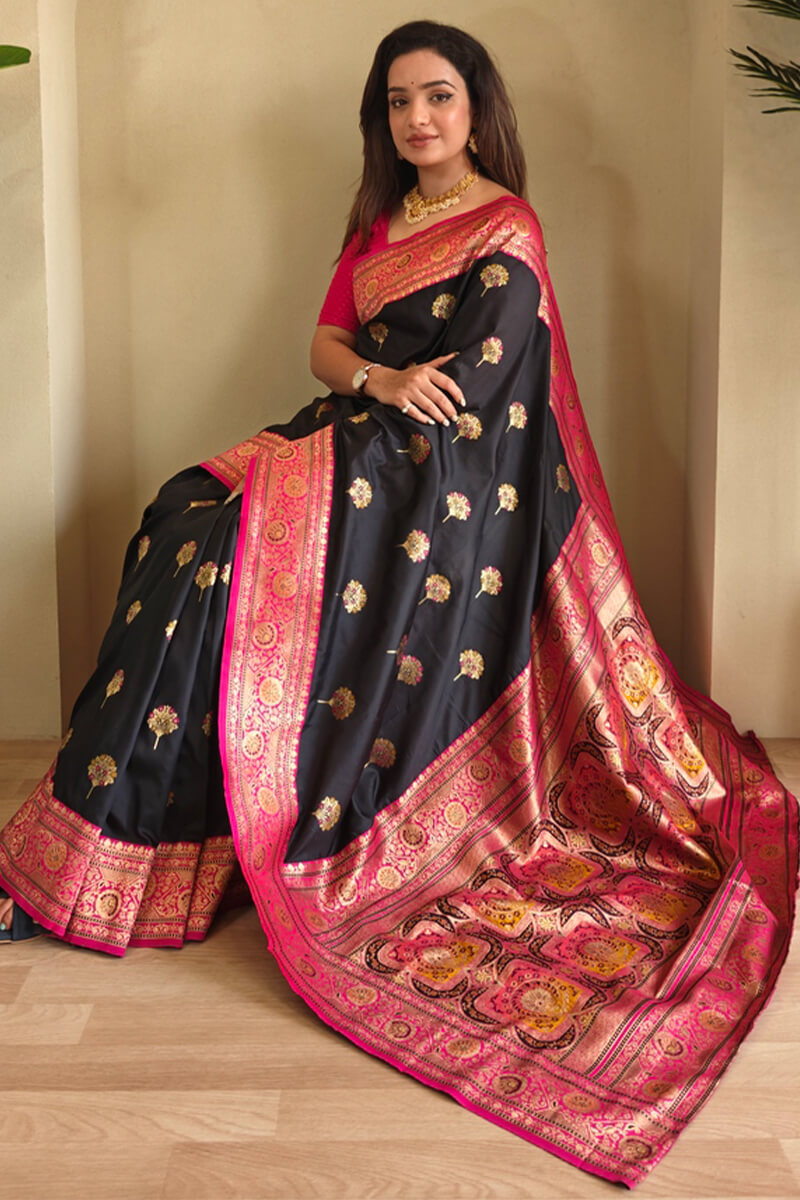 Sophisticated Black Soft Banarasi Silk Saree With Flaunt Blouse Piece