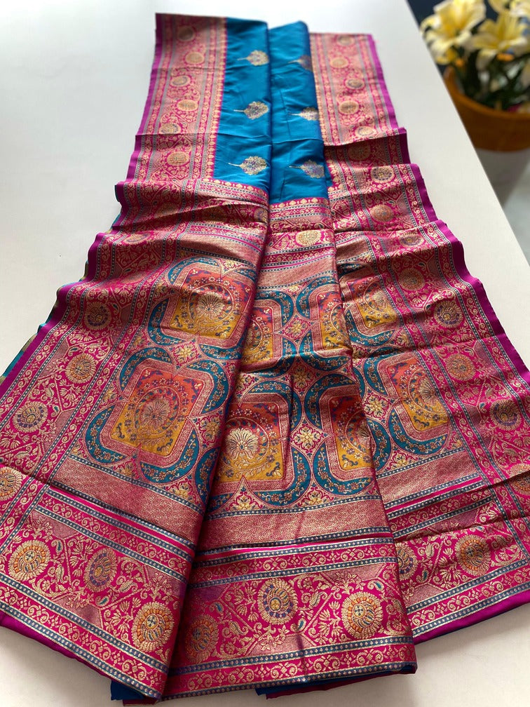 Skinny Blue Soft Banarasi Silk Saree With Deserving Blouse Piece