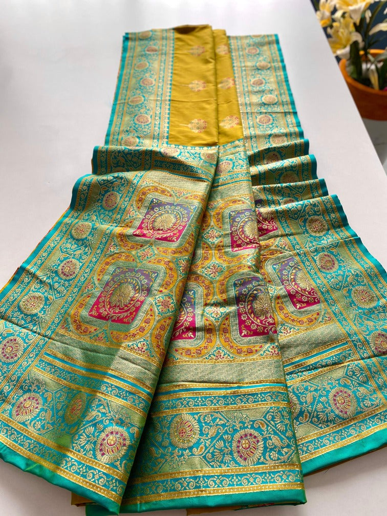 Traditional Mustard Soft Banarasi Silk Saree With Conflate Blouse Piece