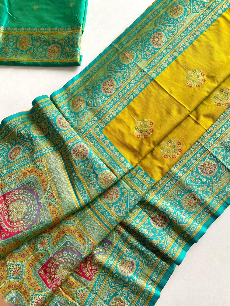 Traditional Mustard Soft Banarasi Silk Saree With Conflate Blouse Piece