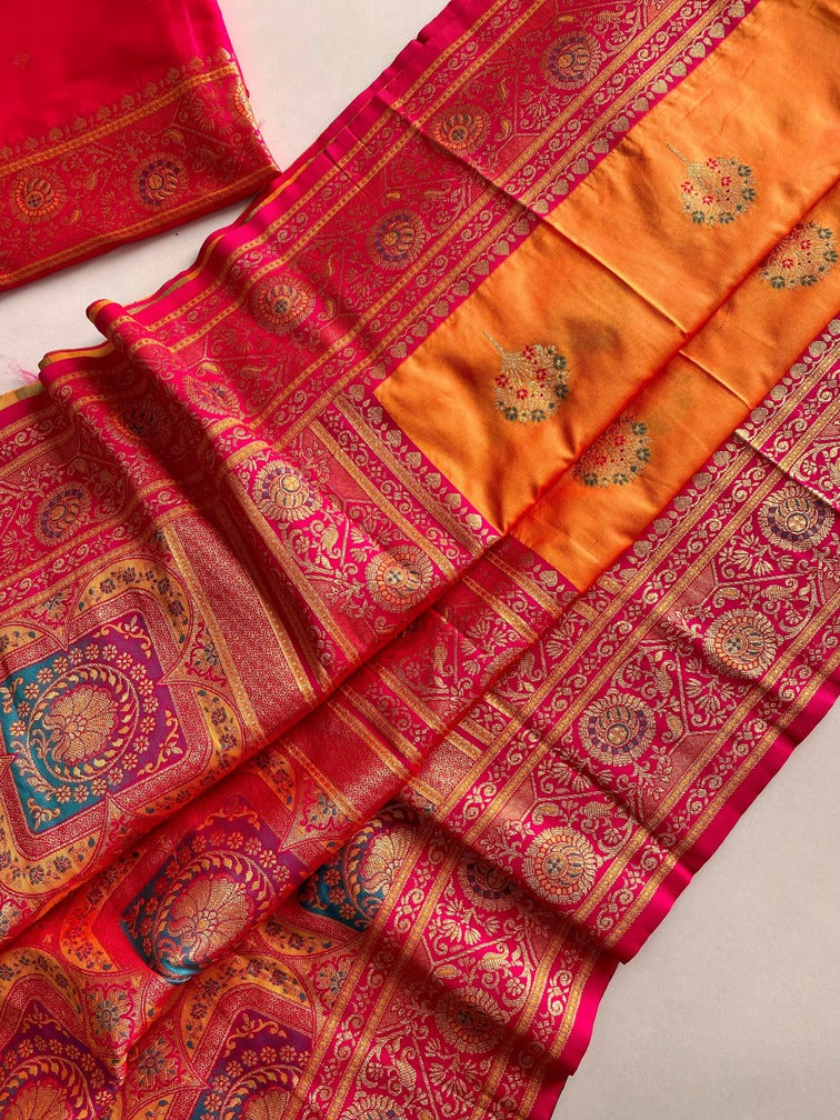 Eloquence Orange Soft Banarasi Silk Saree With Mellifluous Blouse Piece