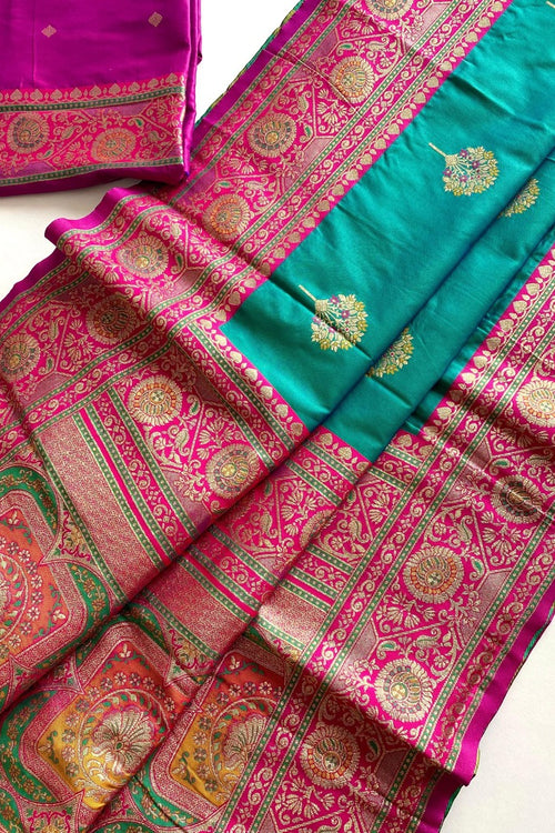 Load image into Gallery viewer, Scintillating Sea Green Soft Banarasi Silk Saree With Allure Blouse Piece
